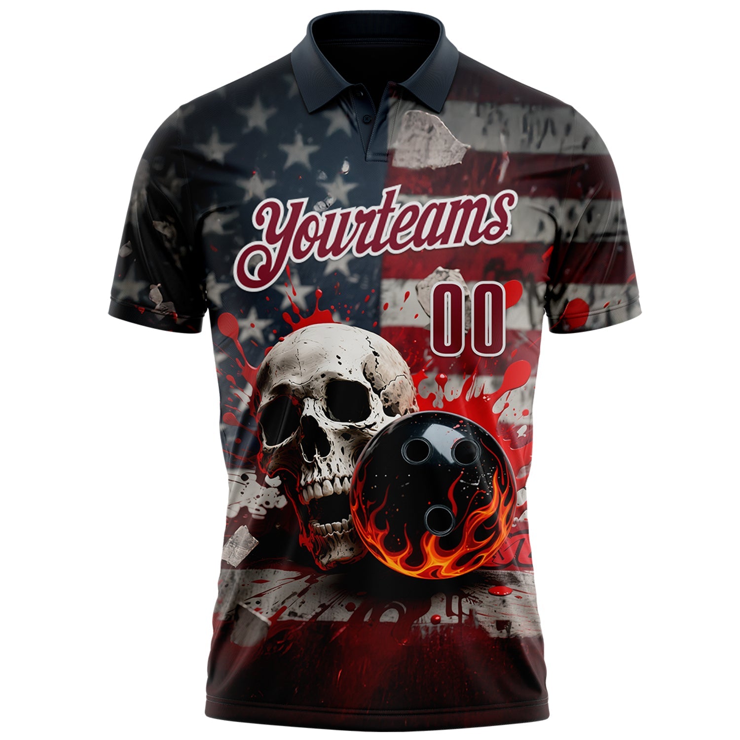 Custom Navy Crimson-White 3D American Flag Splash Flame Skull Bowling Performance Polo Shirt