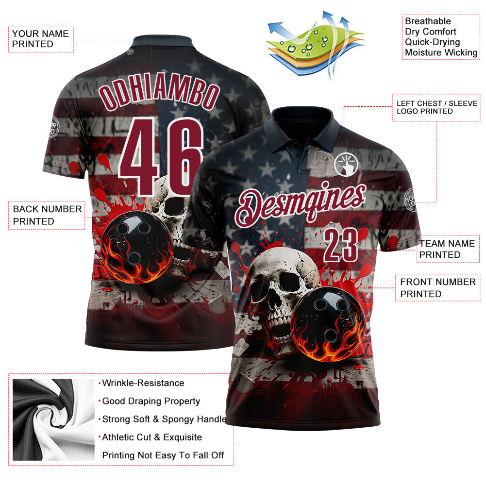 Custom Navy Crimson-White 3D American Flag Splash Flame Skull Bowling Performance Polo Shirt