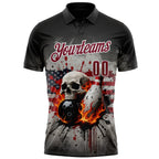Custom Black Crimson-White 3D American Flag Splash Flame Skull Bowling Performance Polo Shirt