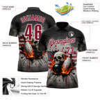 Custom Black Crimson-White 3D American Flag Splash Flame Skull Bowling Performance Polo Shirt