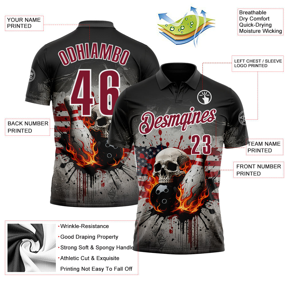Custom Black Crimson-White 3D American Flag Splash Flame Skull Bowling Performance Polo Shirt