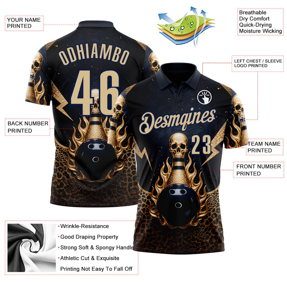 Custom Navy Vegas Gold 3D Leopard Print Metal Skull Bowling Performance Polo Shirt