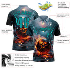 Custom Blue Teal-Black 3D Flame Skull Bowling Performance Polo Shirt
