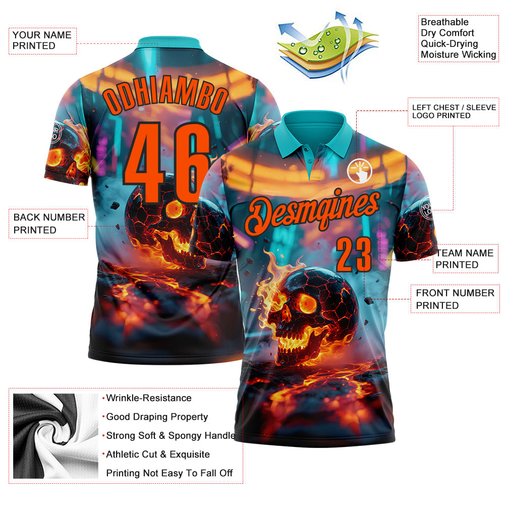 Custom Aqua Orange-Black 3D Flame Skull Bowling Performance Polo Shirt