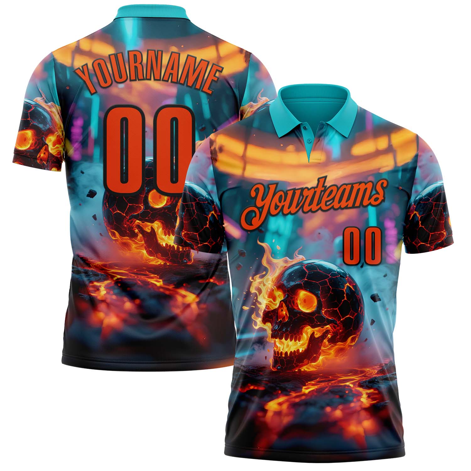 Custom Aqua Orange-Black 3D Flame Skull Bowling Performance Polo Shirt