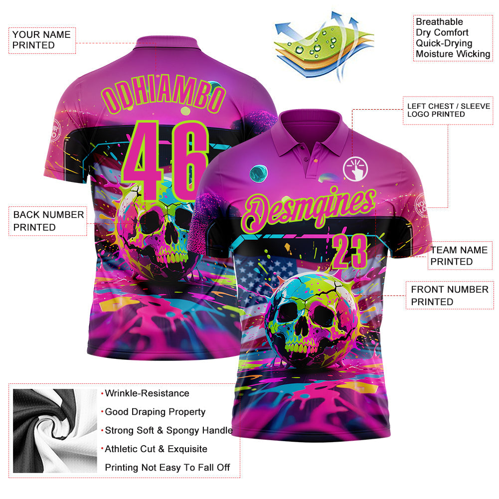 Custom Deep Pink Neon Green 3D American Flag Graffiti Splash Skull Bowling Performance Polo Shirt