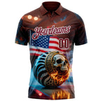 Custom Brown Crimson-White 3D American Flag Flame Skull Bowling Performance Polo Shirt