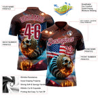 Custom Brown Crimson-White 3D American Flag Flame Skull Bowling Performance Polo Shirt