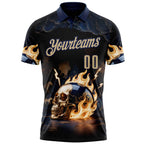 Custom Navy Vegas Gold 3D Flame Skull Bowling Performance Polo Shirt
