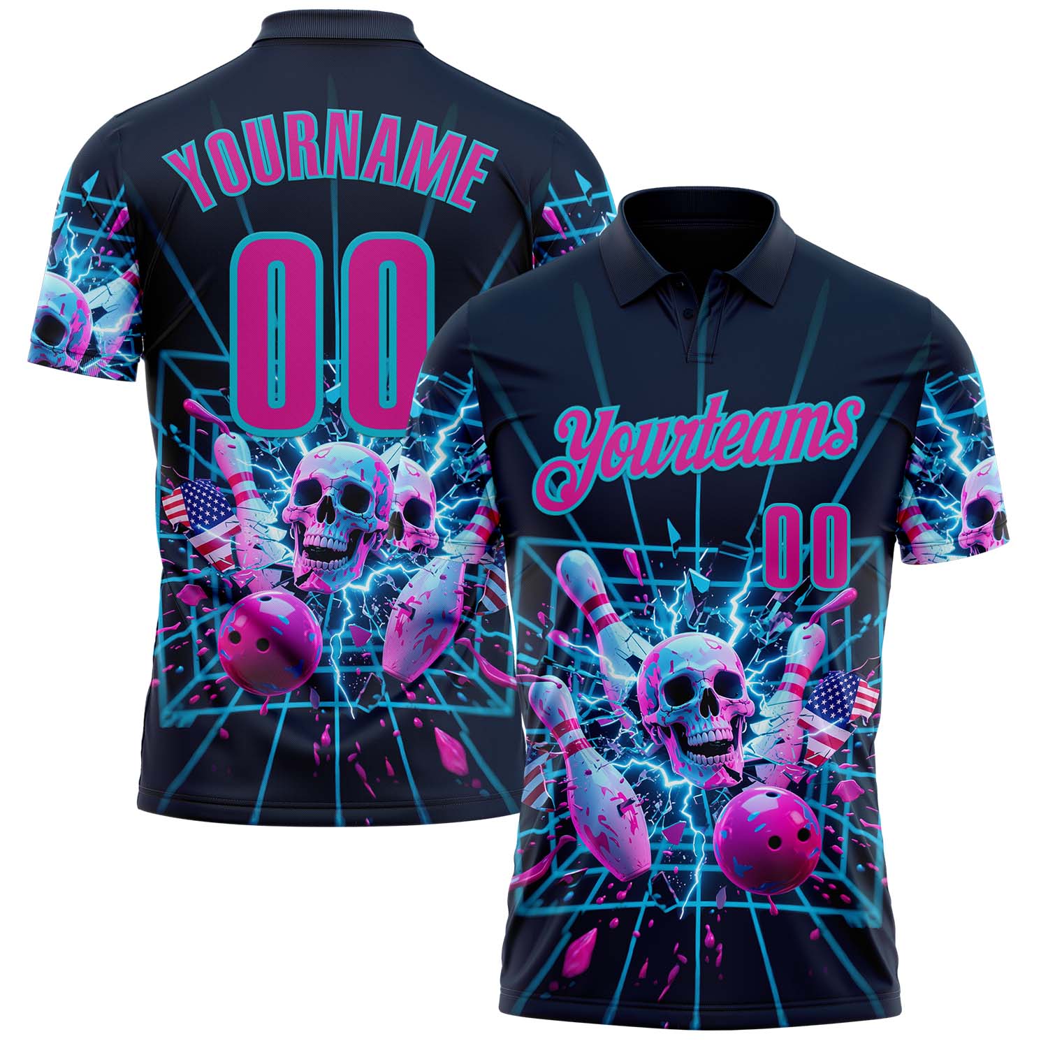 Custom Navy Deep Pink-Lakes Blue 3D American Flag Splash Lightning Skull Bowling Performance Polo Shirt