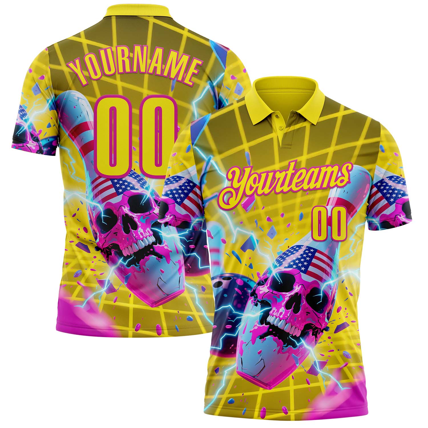Custom Gold Light Yellow-Deep Pink 3D American Flag Splash Lightning Skull Bowling Performance Polo Shirt