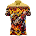 Custom Gold Yellow-Red 3D Flame Skull Bowling Performance Polo Shirt