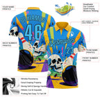 Custom Gold Sky Blue-Black 3D Splash Skull Bowling Performance Polo Shirt