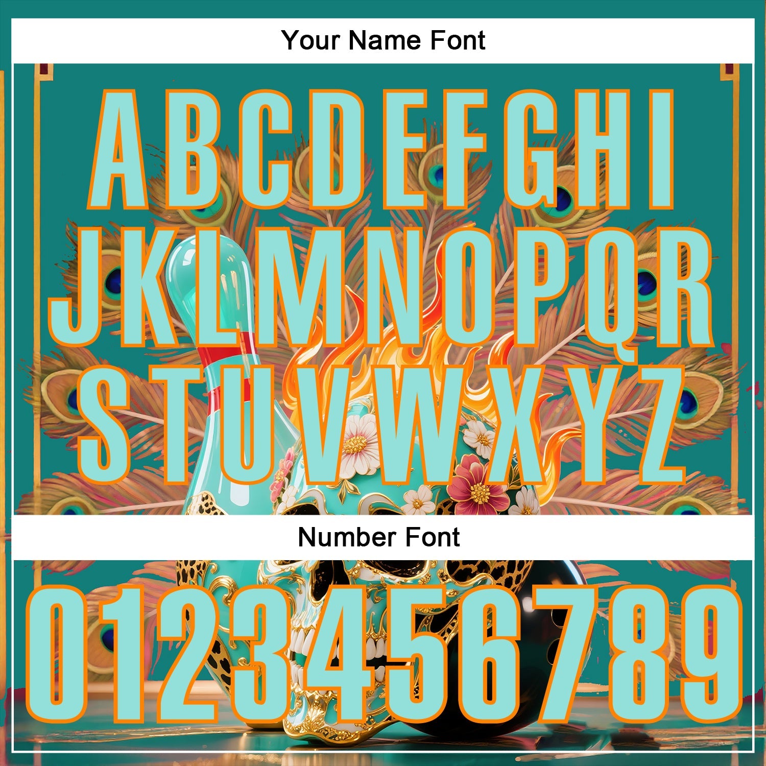 Custom Blue Ice Blue-Bay Orange 3D Peacock Flame Skull Bowling Performance Polo Shirt