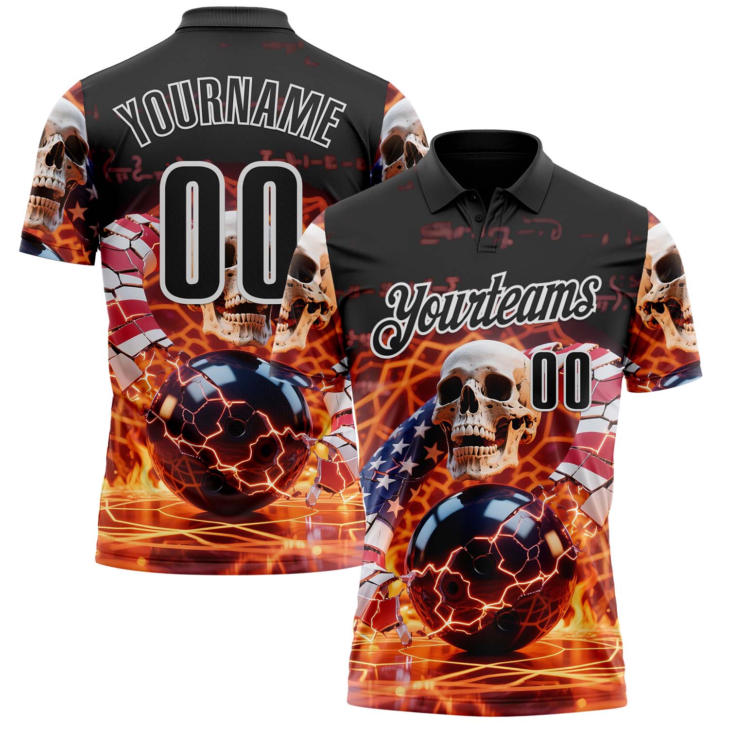 Custom Black White 3D American Flag Flame Lightning Skull Bowling Performance Polo Shirt
