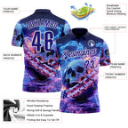 Custom Navy Dark Purple-White 3D American Flag Flame Lightning Skull Bowling Performance Polo Shirt