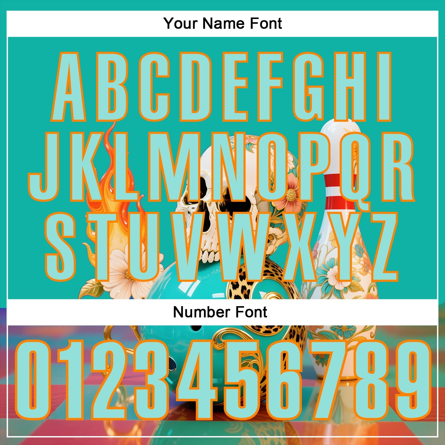 Custom Blue Ice Blue-Bay Orange 3D Floral Leopard Print Flame Skull Bowling Performance Polo Shirt