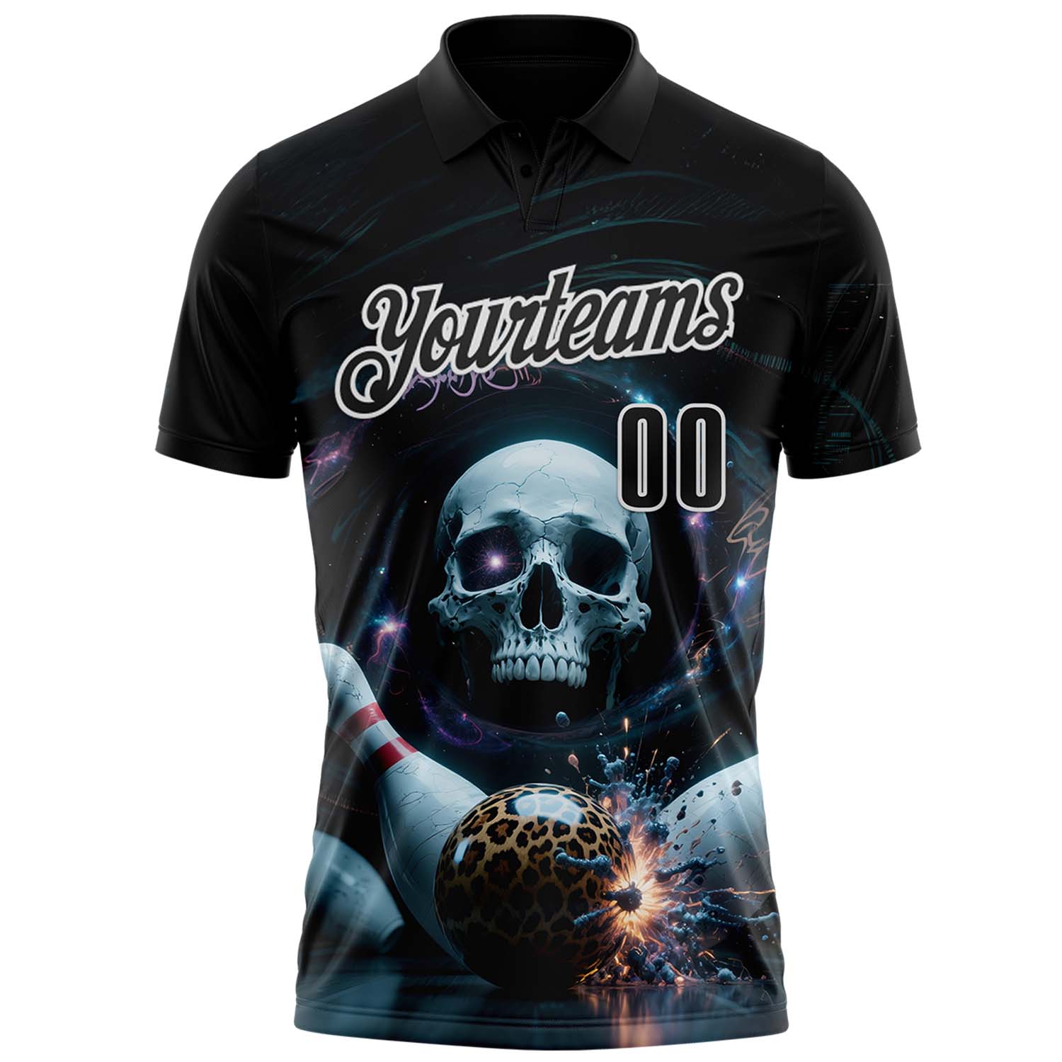 Custom Black White 3D Galaxy Leopard Print Skull Bowling Performance Polo Shirt