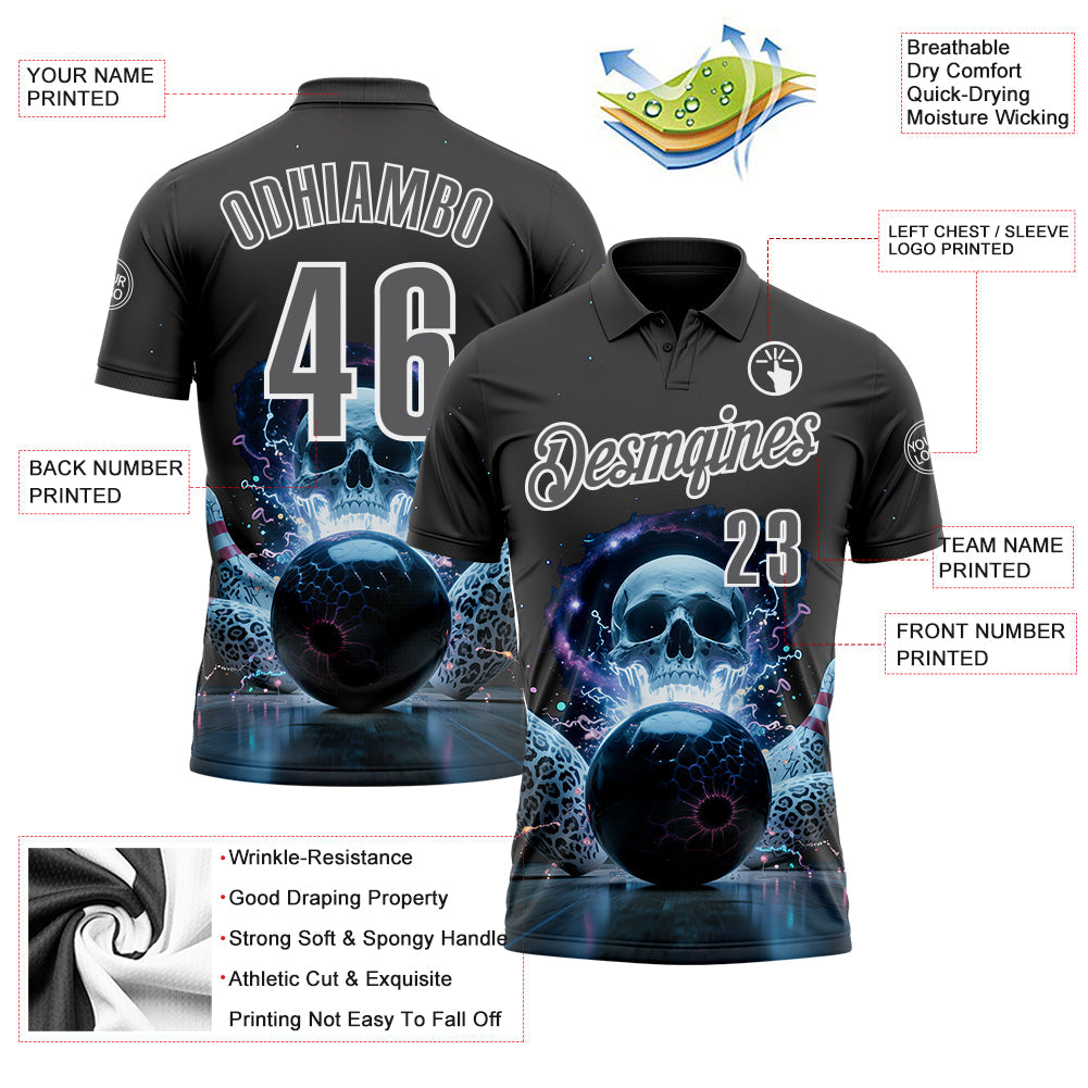 Custom Steel Gray White 3D Galaxy Leopard Print Skull Bowling Performance Polo Shirt