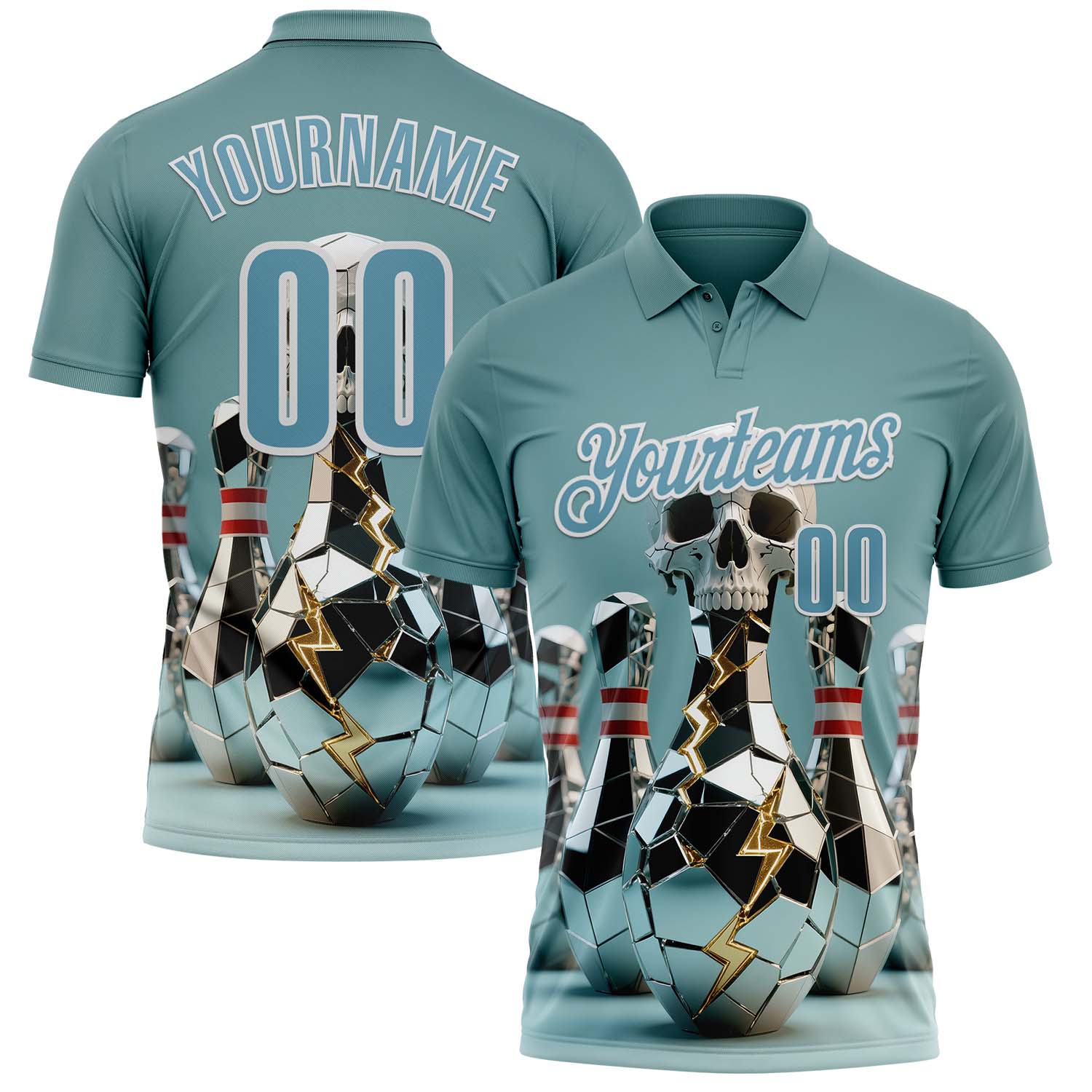 Custom Shadow Blue White 3D Shattered Mirror Skull Bowling Performance Polo Shirt