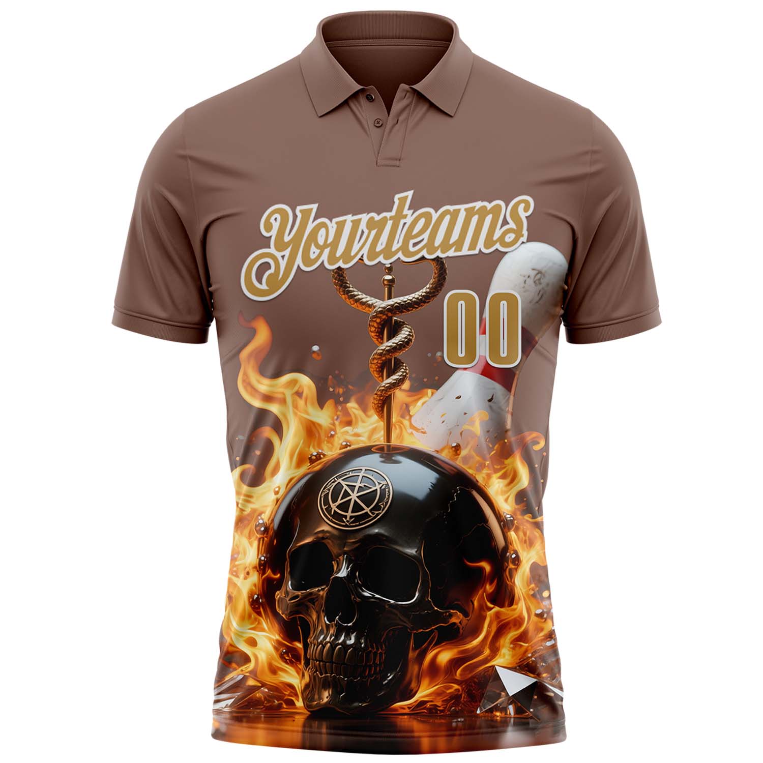 Custom Brown Old Gold-White 3D Flame Skull Bowling Performance Polo Shirt