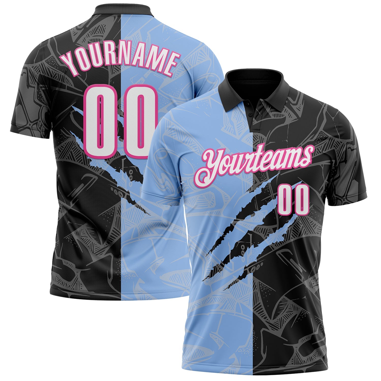 Custom Graffiti Pattern White Black Light Blue-Pink 3D Scratch Performance Polo Shirt