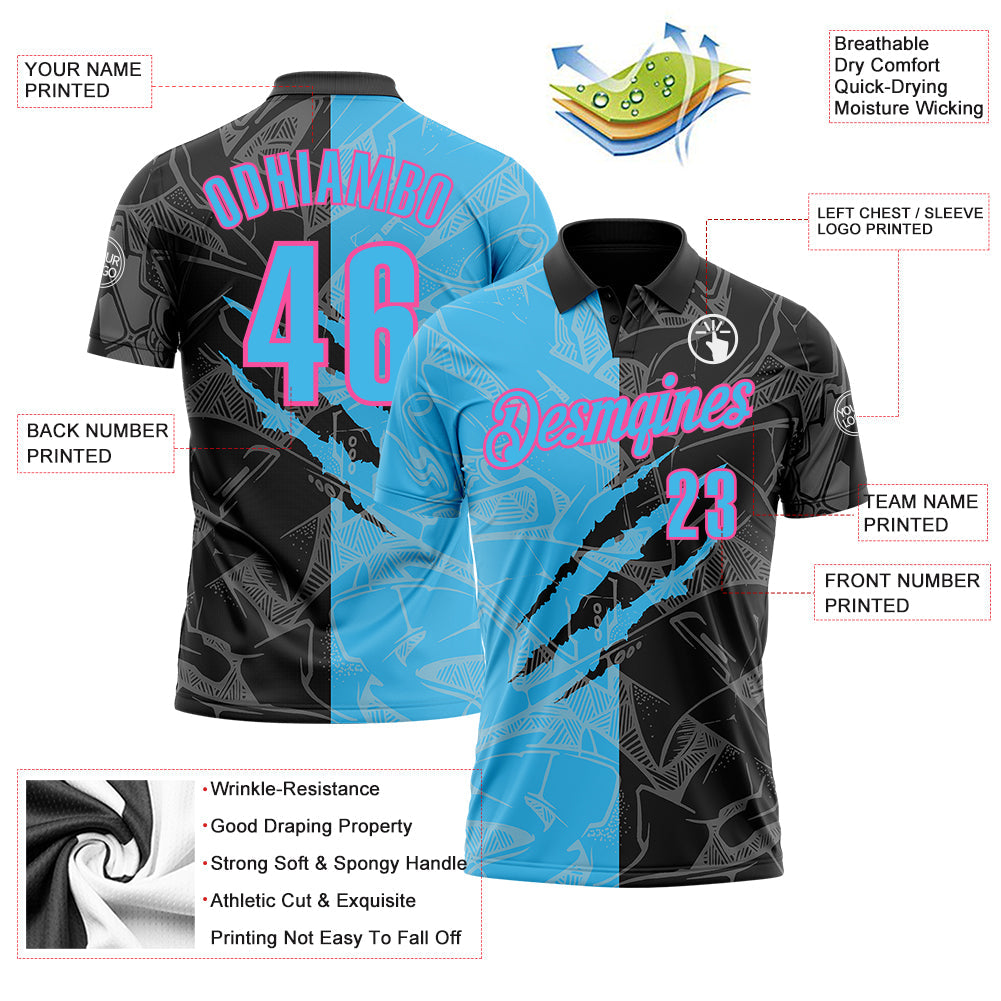 Custom Graffiti Pattern Sky Blue Black-Pink 3D Scratch Performance Polo Shirt