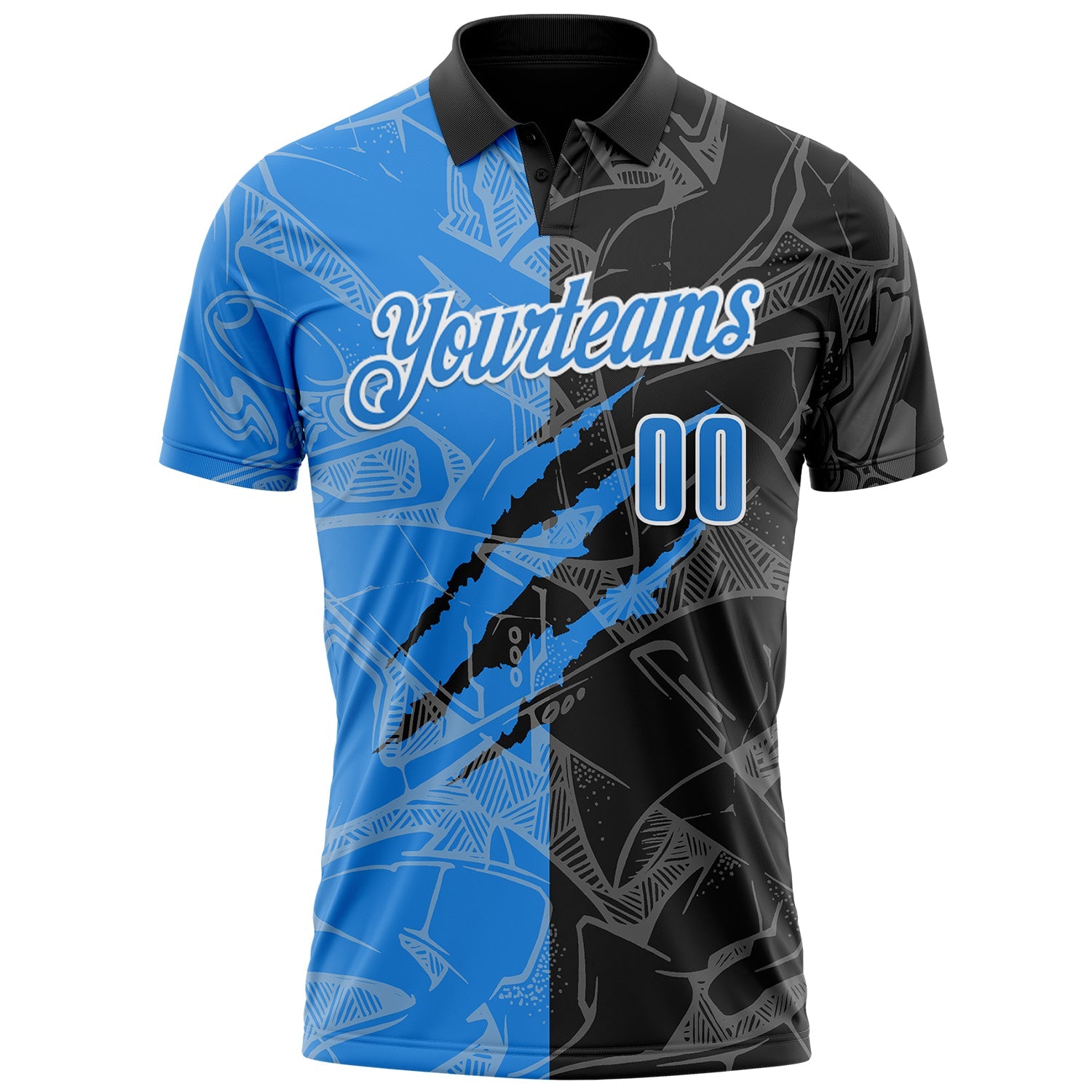Custom Graffiti Pattern Electric Blue Black-White 3D Scratch Performance Polo Shirt
