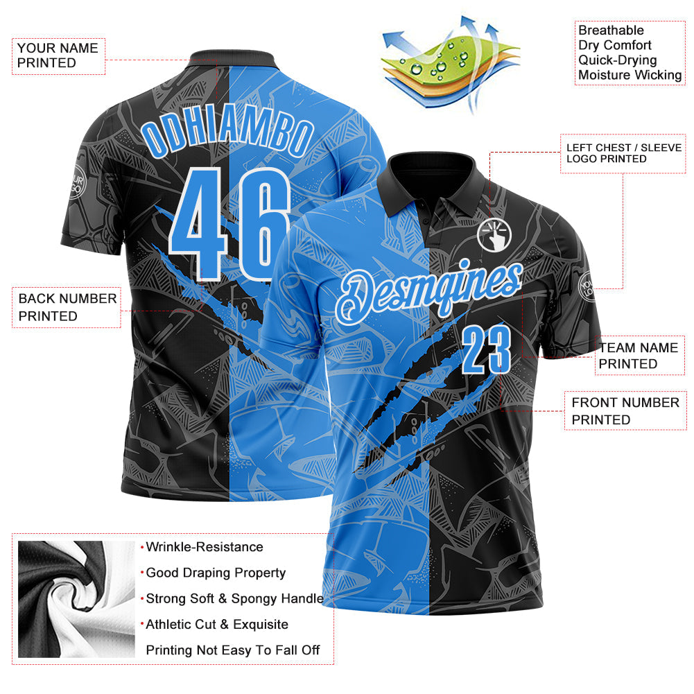 Custom Graffiti Pattern Electric Blue Black-White 3D Scratch Performance Polo Shirt