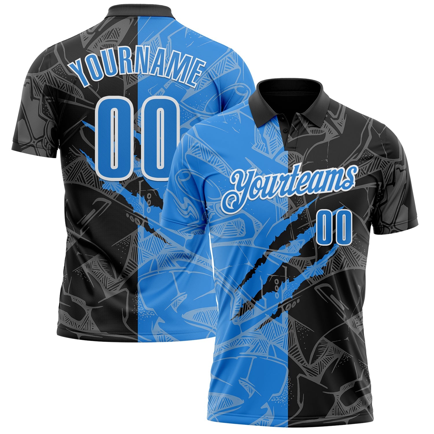 Custom Graffiti Pattern Electric Blue Black-White 3D Scratch Performance Polo Shirt
