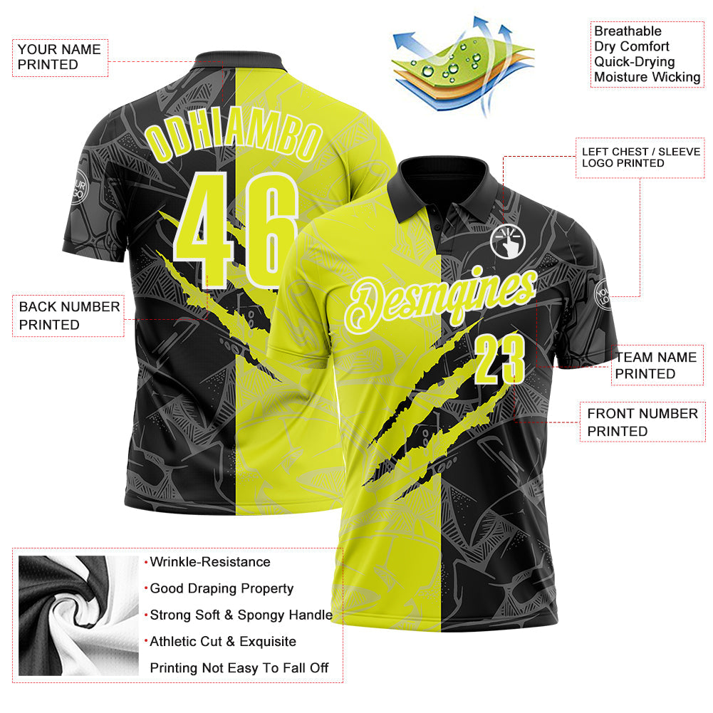 Custom Graffiti Pattern Neon Yellow Black-White 3D Scratch Performance Polo Shirt