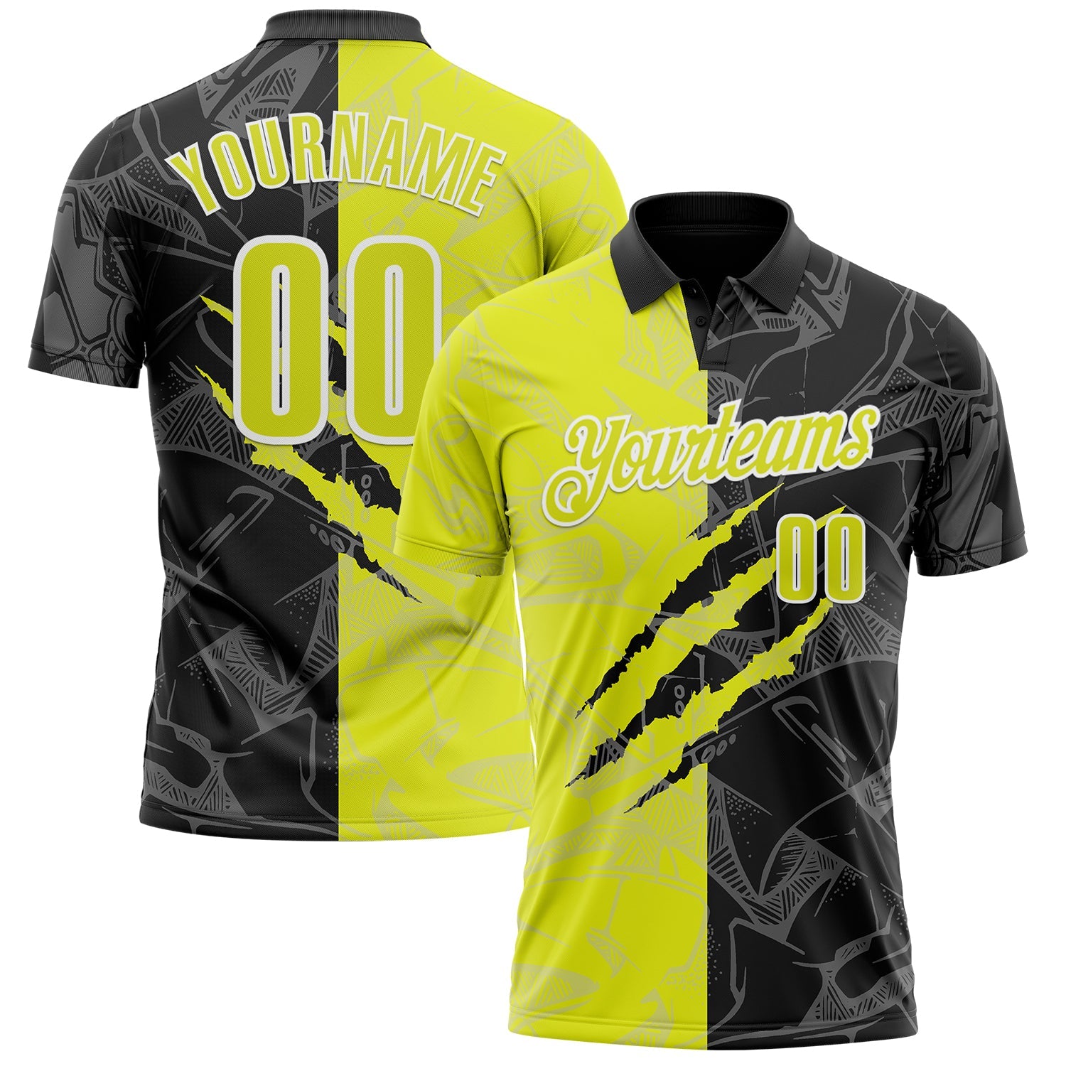 Custom Graffiti Pattern Neon Yellow Black-White 3D Scratch Performance Polo Shirt