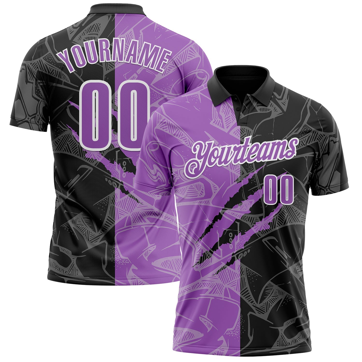 Custom Graffiti Pattern Medium Purple Black-White 3D Scratch Performance Polo Shirt