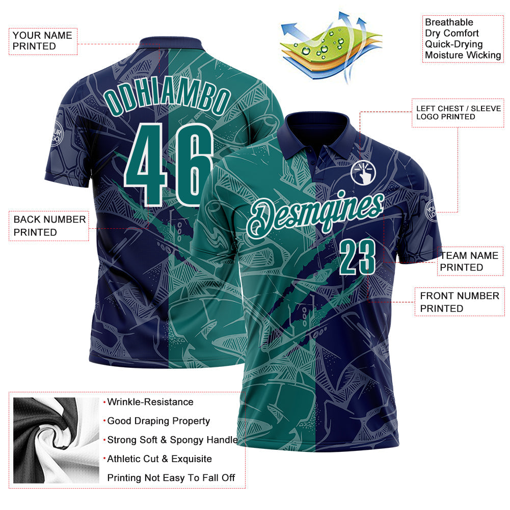Custom Graffiti Pattern Teal Navy-White 3D Scratch Performance Polo Shirt