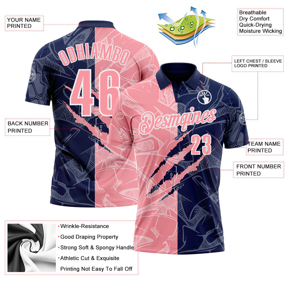 Custom Graffiti Pattern Medium Pink Navy-White 3D Scratch Performance Polo Shirt