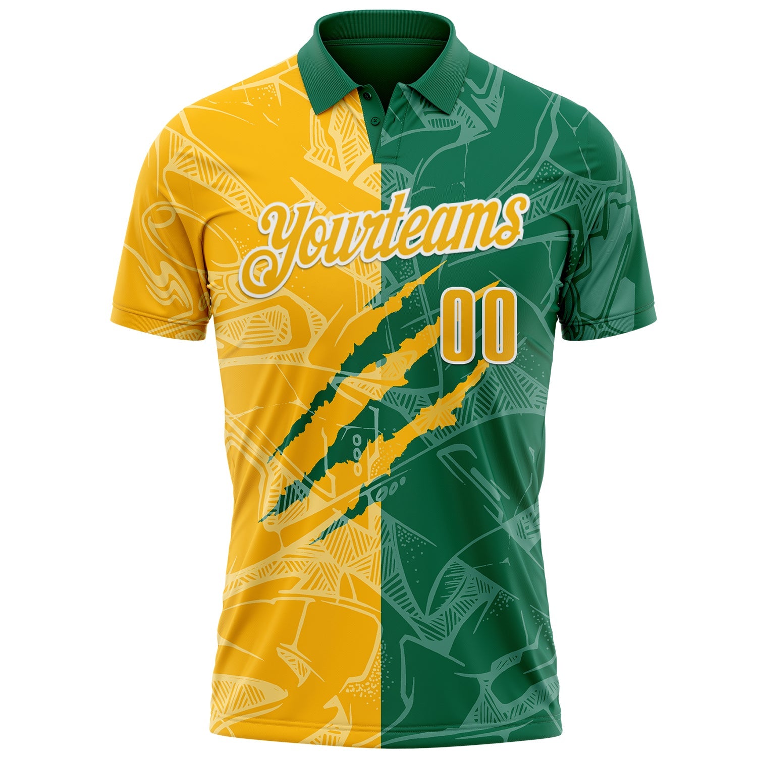 Custom Graffiti Pattern Gold Kelly Green-White 3D Scratch Performance Polo Shirt