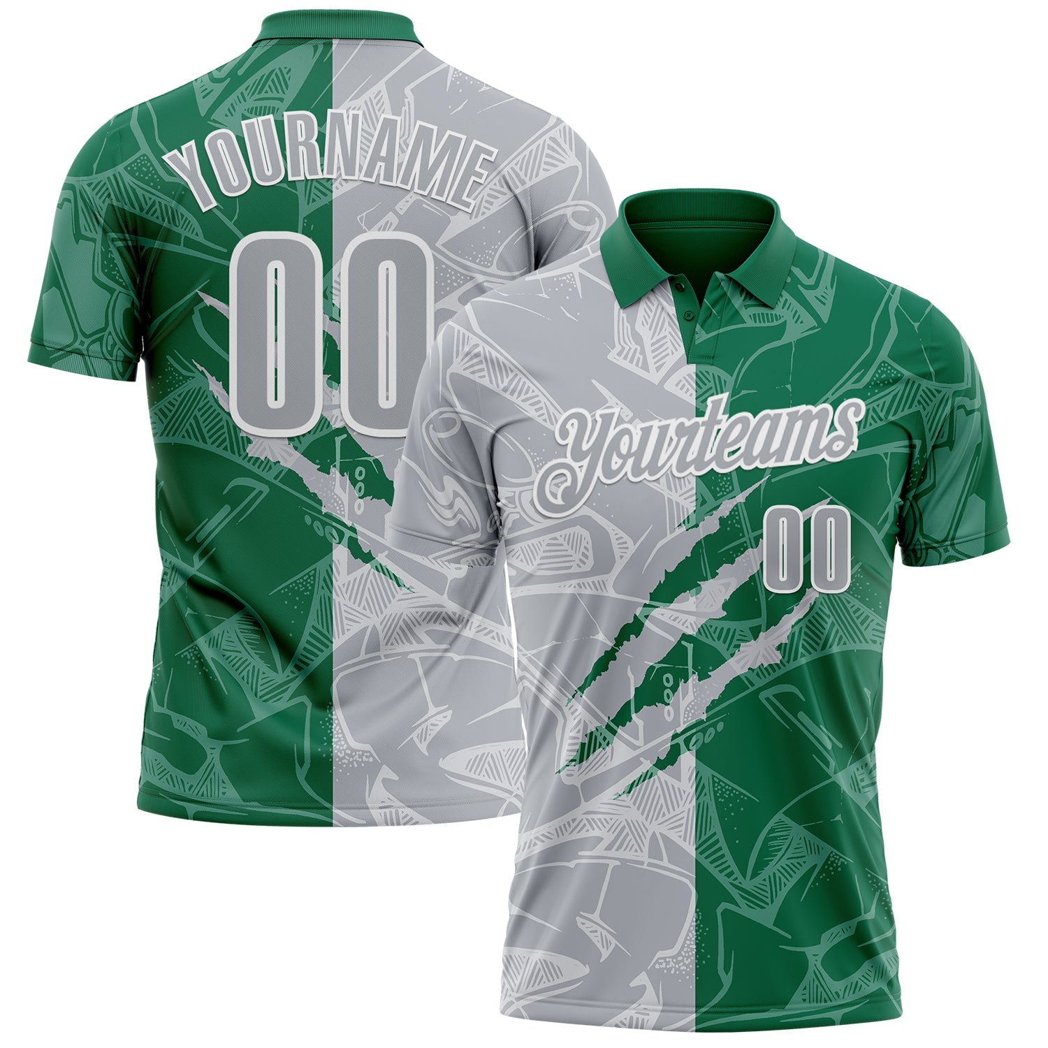 Custom Graffiti Pattern Gray Kelly Green-White 3D Scratch Performance Polo Shirt