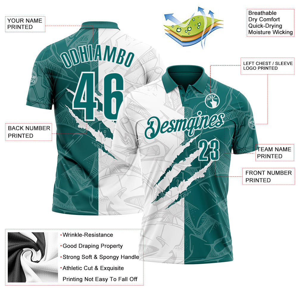 Custom Graffiti Pattern Teal-White 3D Scratch Performance Polo Shirt