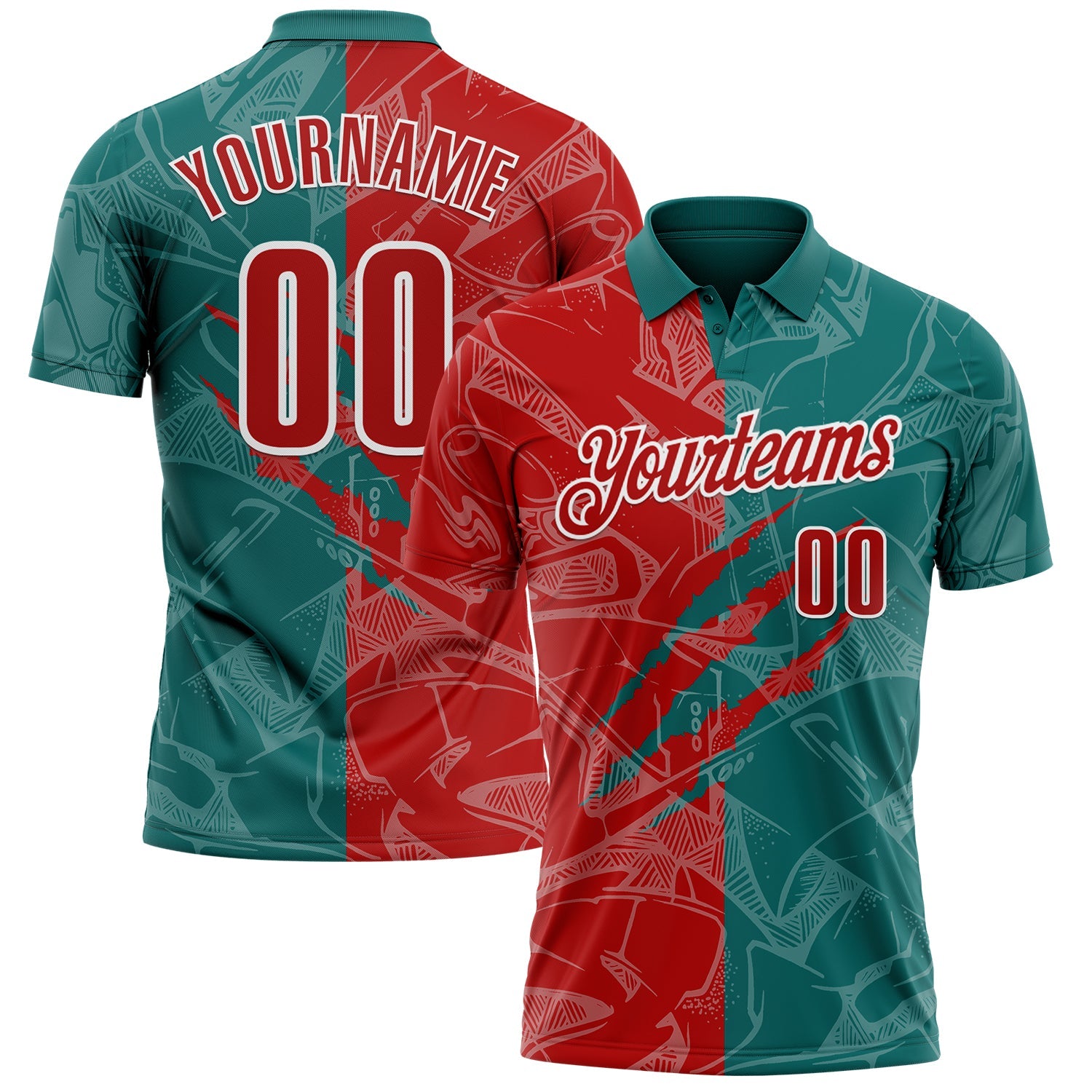 Custom Graffiti Pattern Red Teal-White 3D Scratch Performance Polo Shirt
