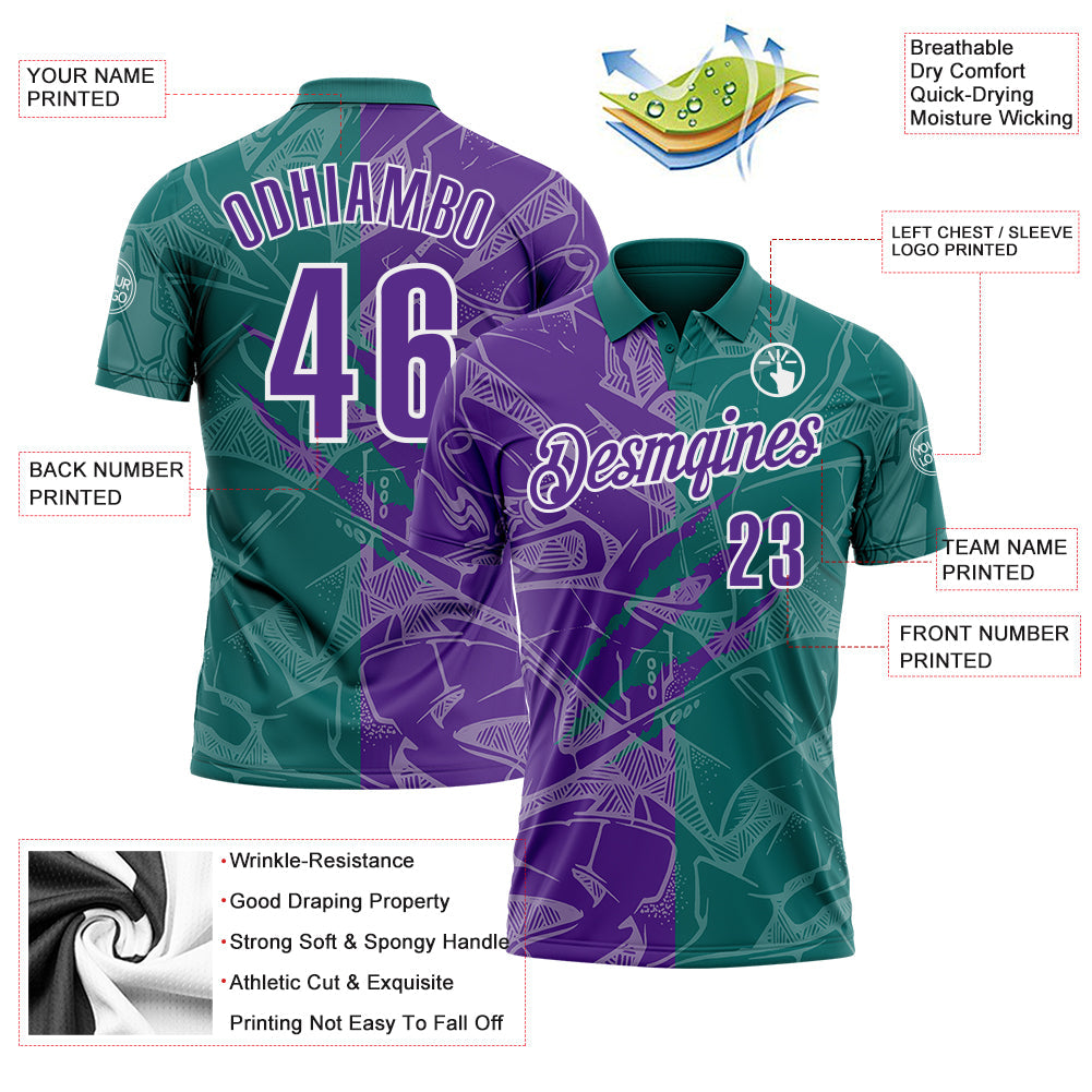Custom Graffiti Pattern Purple Teal-White 3D Scratch Performance Polo Shirt