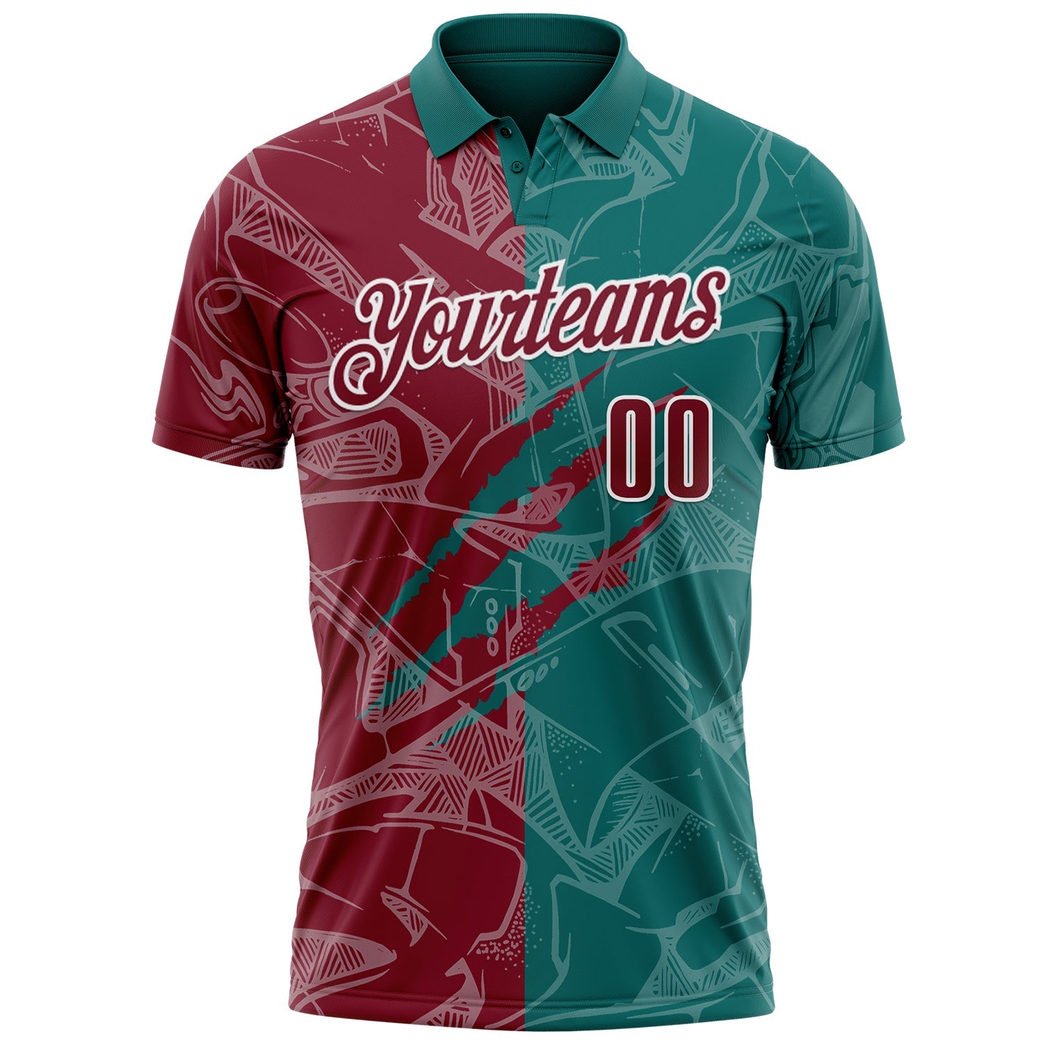 Custom Graffiti Pattern Crimson Teal-White 3D Scratch Performance Polo Shirt