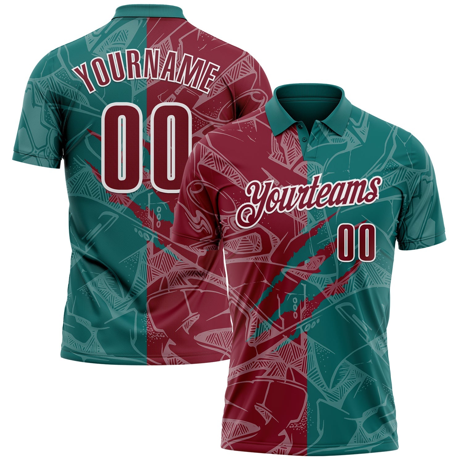 Custom Graffiti Pattern Crimson Teal-White 3D Scratch Performance Polo Shirt