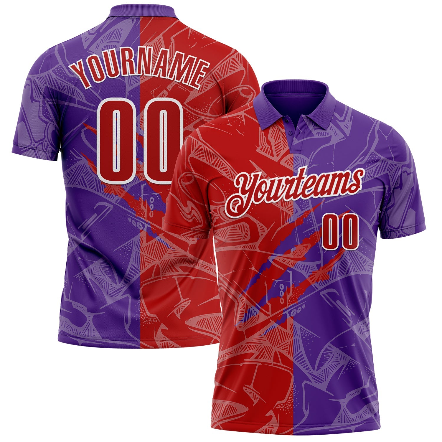 Custom Graffiti Pattern Red Purple-White 3D Scratch Performance Polo Shirt