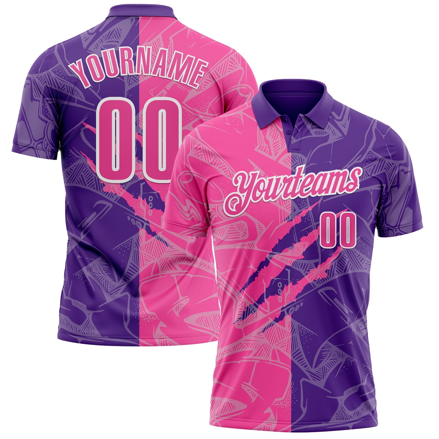 Custom Graffiti Pattern Pink Purple-White 3D Scratch Performance Polo Shirt