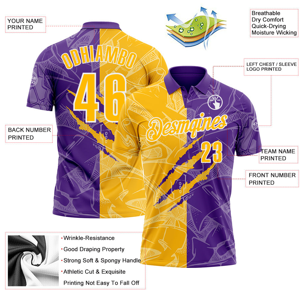 Custom Graffiti Pattern Gold Purple-White 3D Scratch Performance Polo Shirt