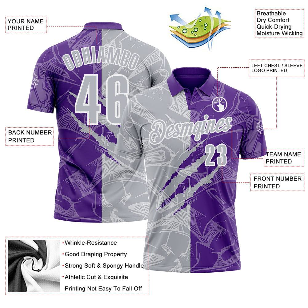 Custom Graffiti Pattern Gray Purple-White 3D Scratch Performance Polo Shirt