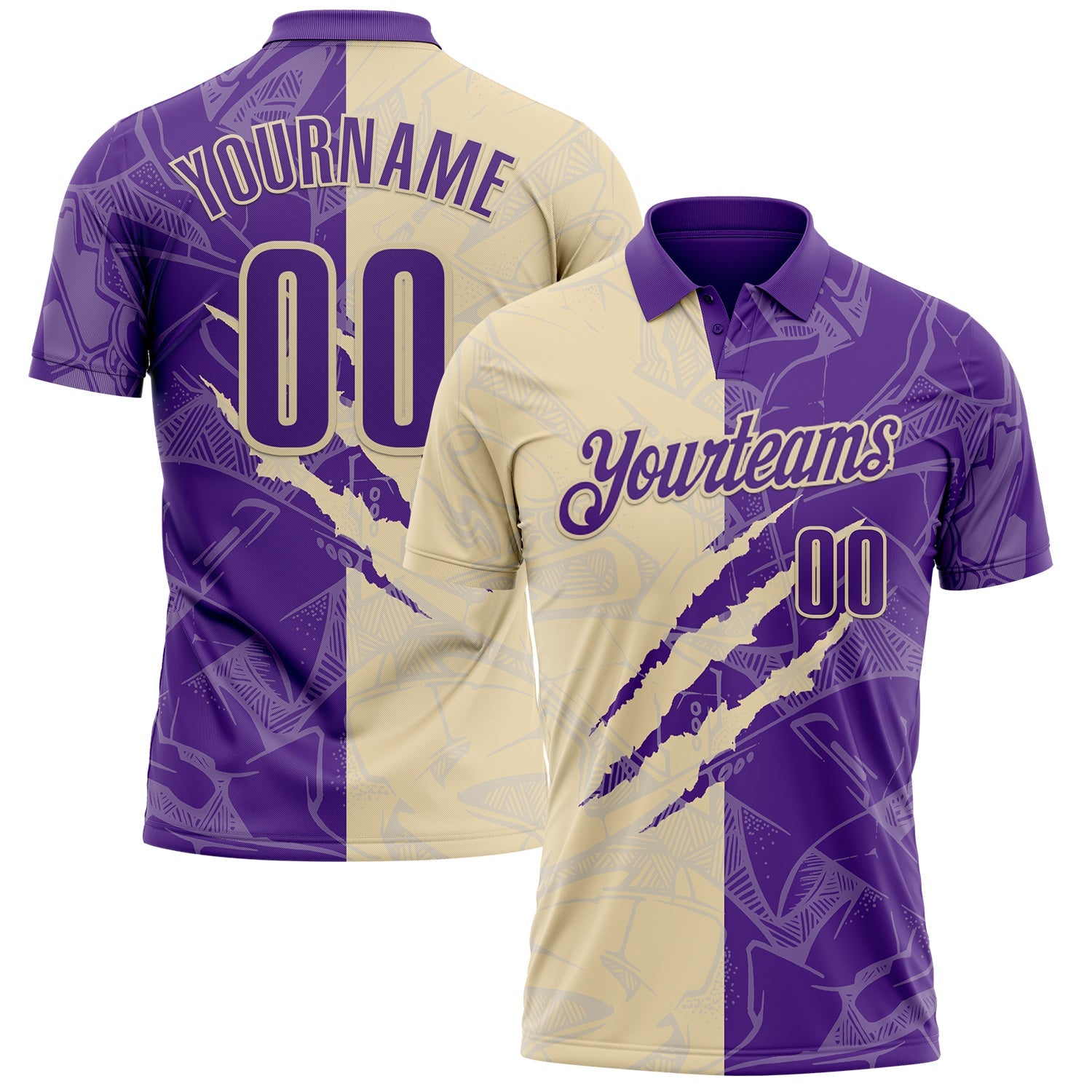 Custom Graffiti Pattern Purple-Cream 3D Scratch Performance Polo Shirt