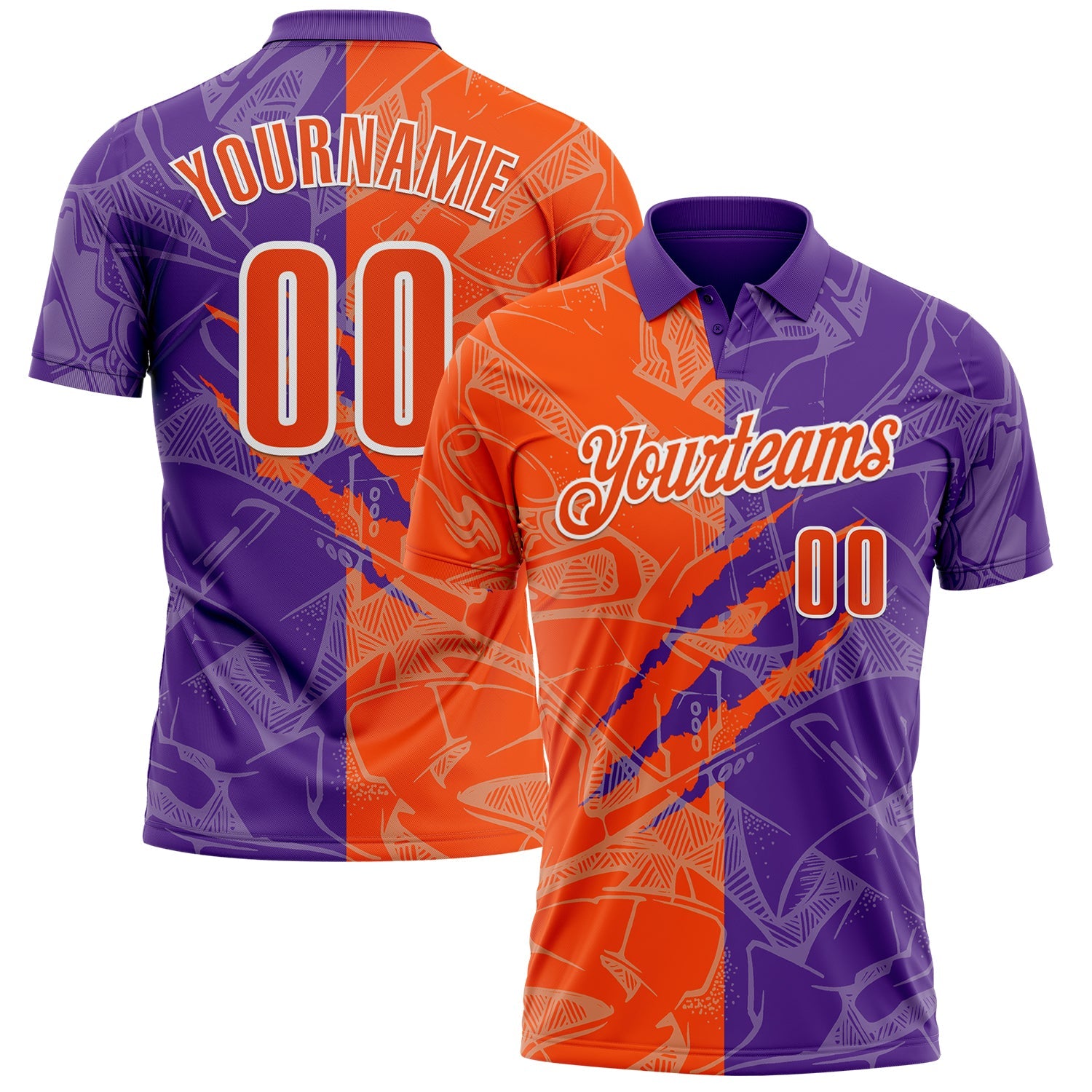Custom Graffiti Pattern Orange Purple-White 3D Scratch Performance Polo Shirt