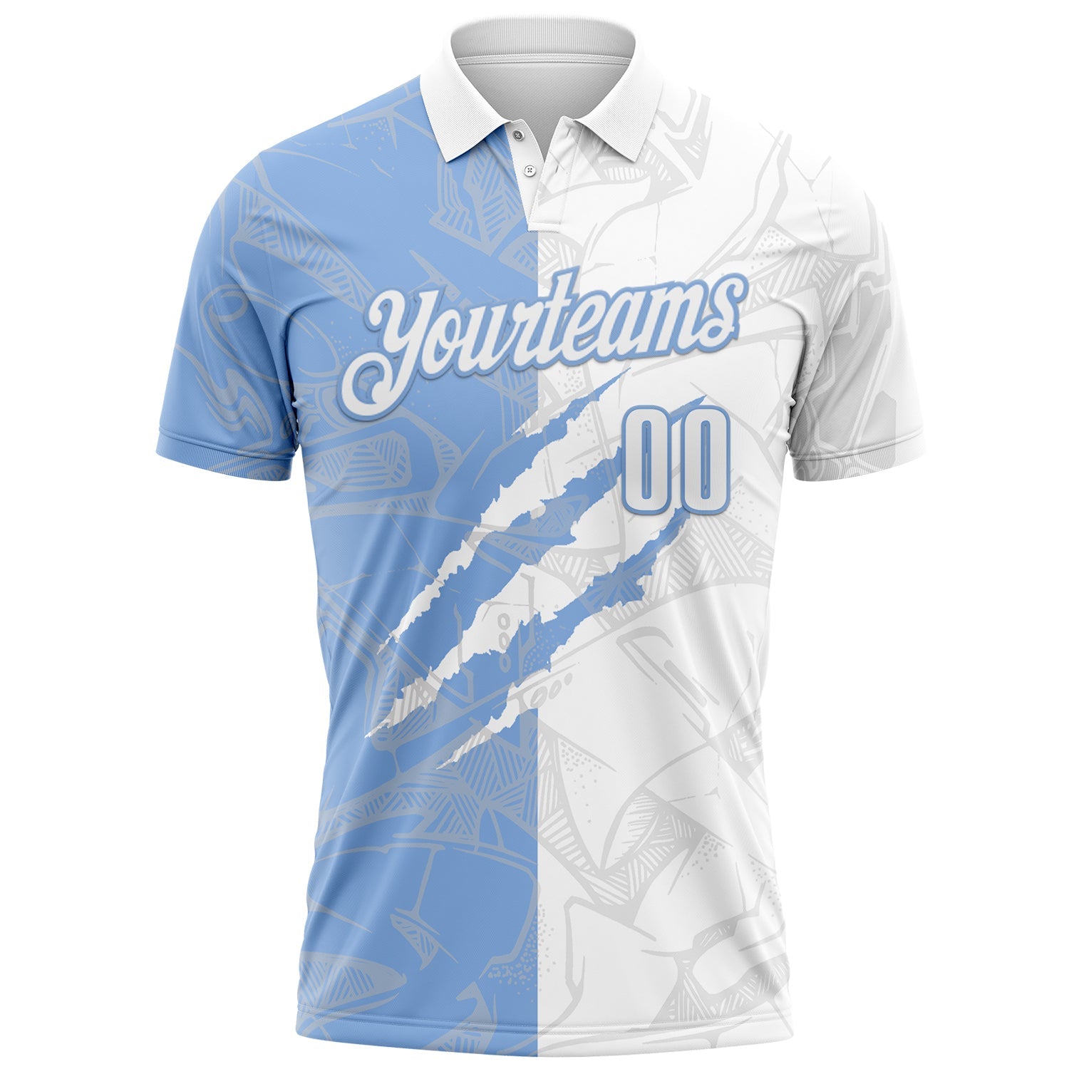 Custom Graffiti Pattern White-Light Blue 3D Scratch Performance Polo Shirt