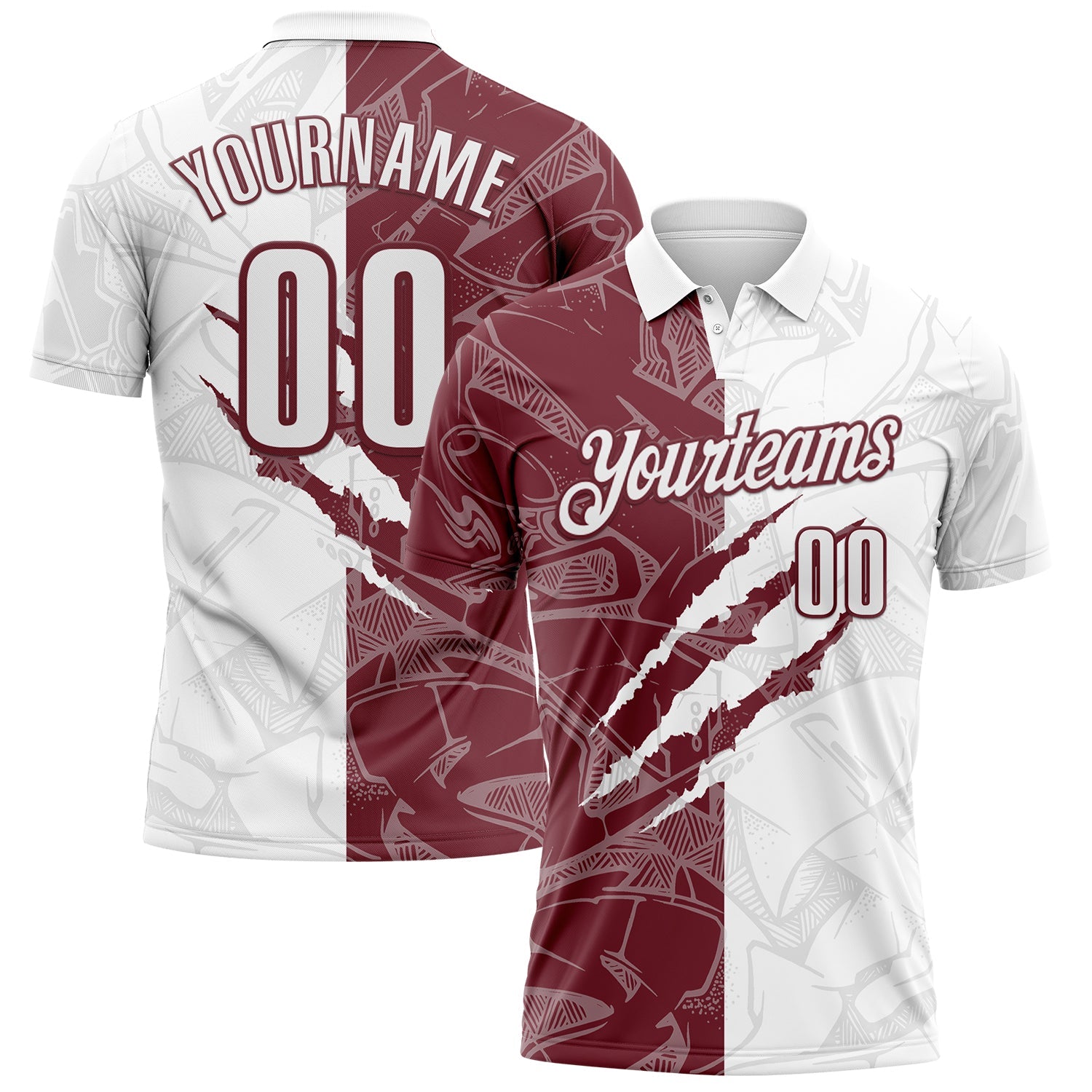 Custom Graffiti Pattern White-Burgundy 3D Scratch Performance Polo Shirt
